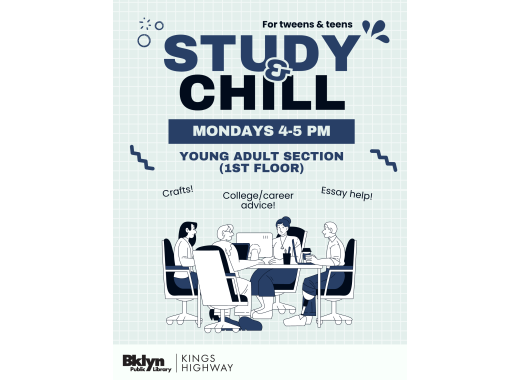 Event flyer for Study & Chill program at Kings Highway library.
