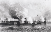 engraving of the battle between the Ironclads