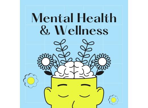 Mental Health and Wellness, head with brain sticking out and flowers growing 