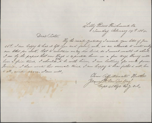 Letter by James W. Vanderhoef, February 14, 1864