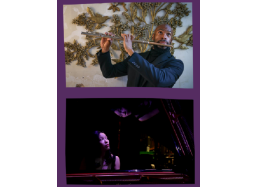 There are two images of musicians. In the top image, a Black man with facial hair wearing a suit is playing a flute. In the lower image, an Asian woman is sitting at a piano in a darkened room and looking up. Her face is reflected in the open piano lid.
