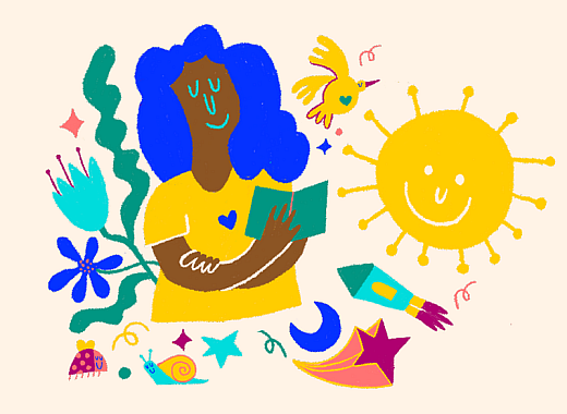 Black woman with blue hair reading book in front of sunshine, flowers, and a rocket-cartoon image