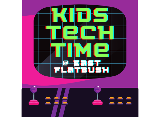 a video game screen that reads Kids Tech Time at East Flatbush