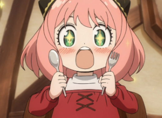 picture of Spy x Family character Anya holding a spoon and fork with a surprised look on her face
