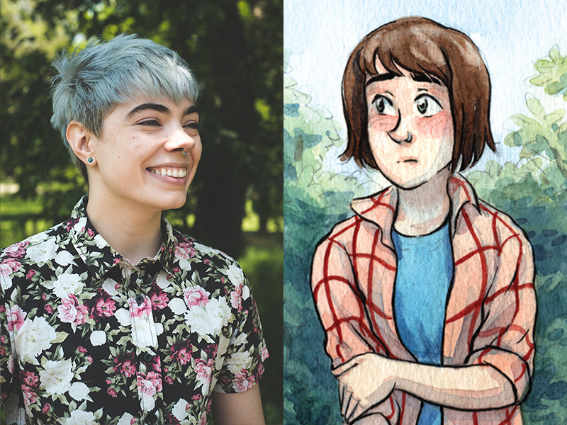 Split image of photo of Hazel on the left and cartoon Hazel on the right.