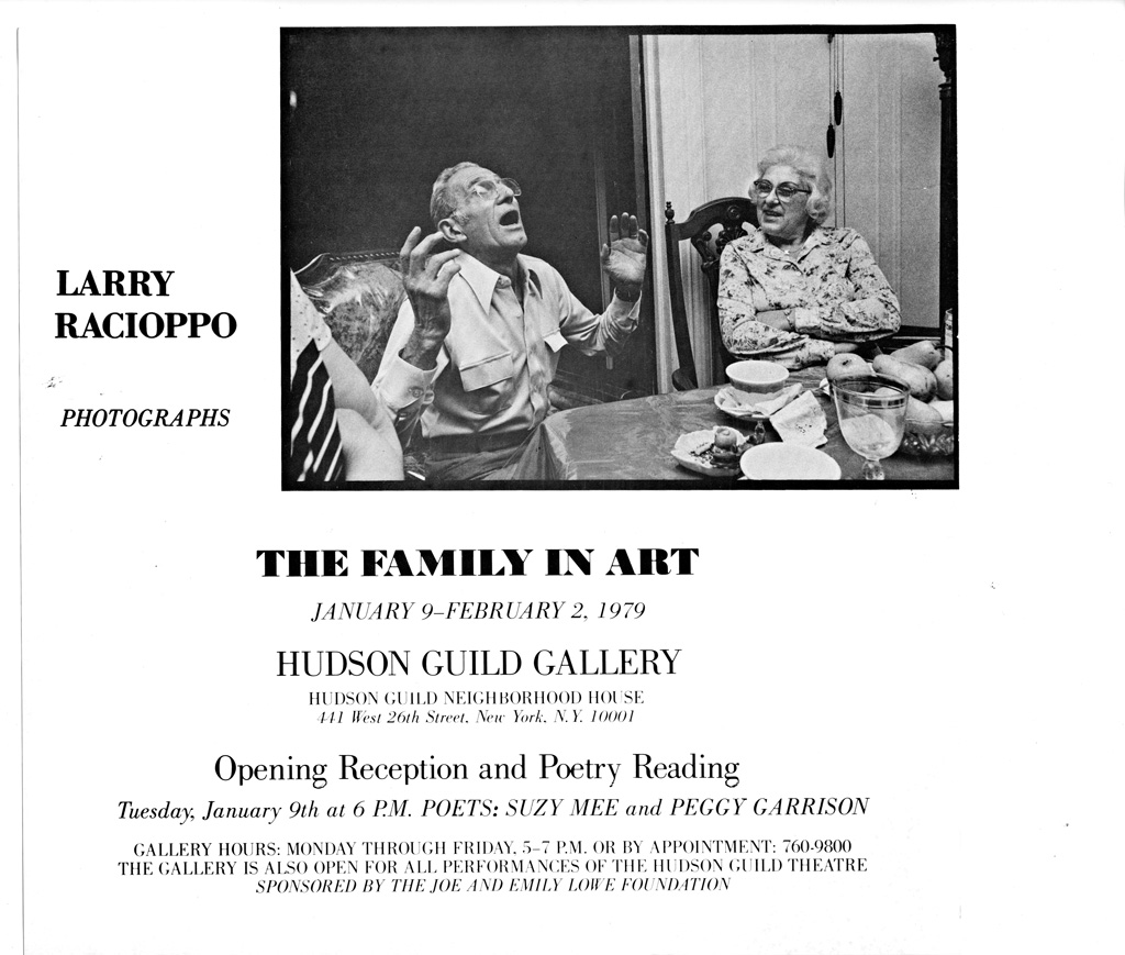 Photo of an invitation to an art show, that features a man and woman seated and talking at a table.