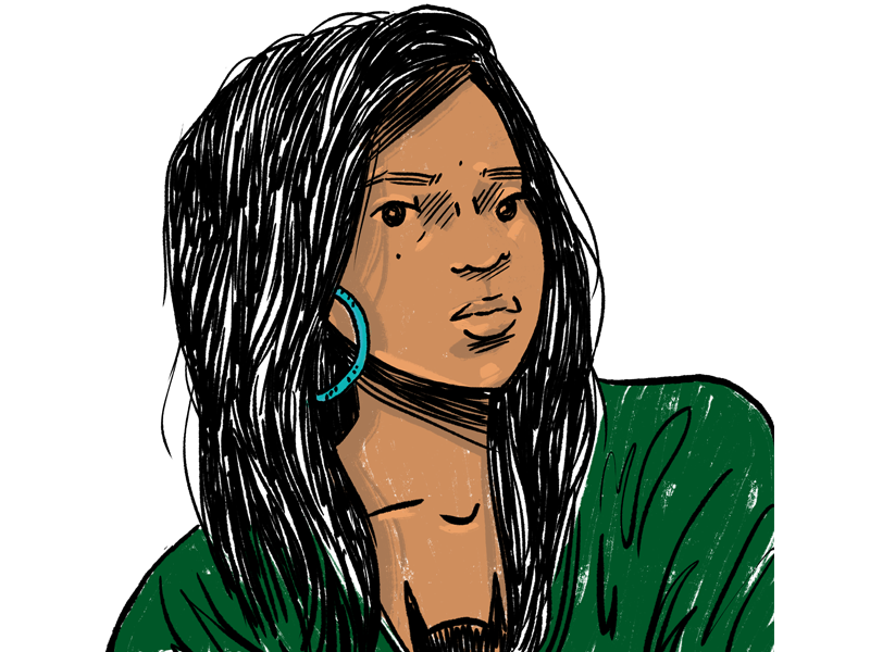 A cartoon of Trinidad with green shirt and long black hair.