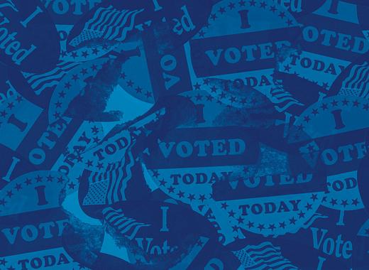 A collage of I Voted stickers under a blue overlay. 