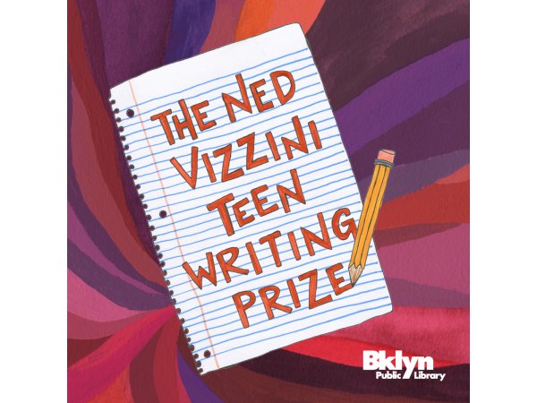 Teen Writing Contest Logo: Notepad with Pencil on top of a swirly background of purples, reds, browns and oranges